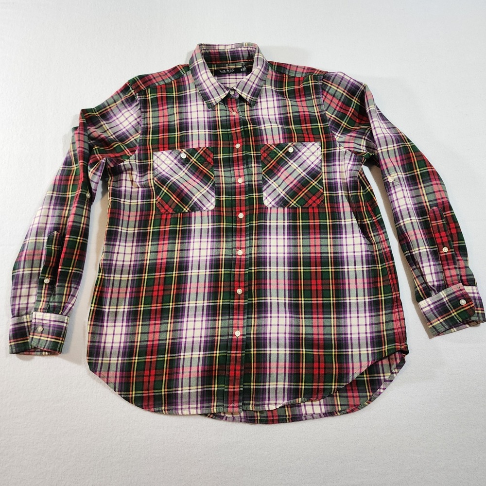 Lauren Ralph Lauren Black Label XL Plaid Button Down Multi Color 100% Cotton Top - Picture 2 of 10